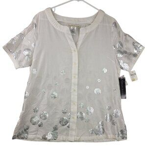 Robert Kitchen Womens XL White Cotton Short Sleeve Sequin Detail Button Blouse